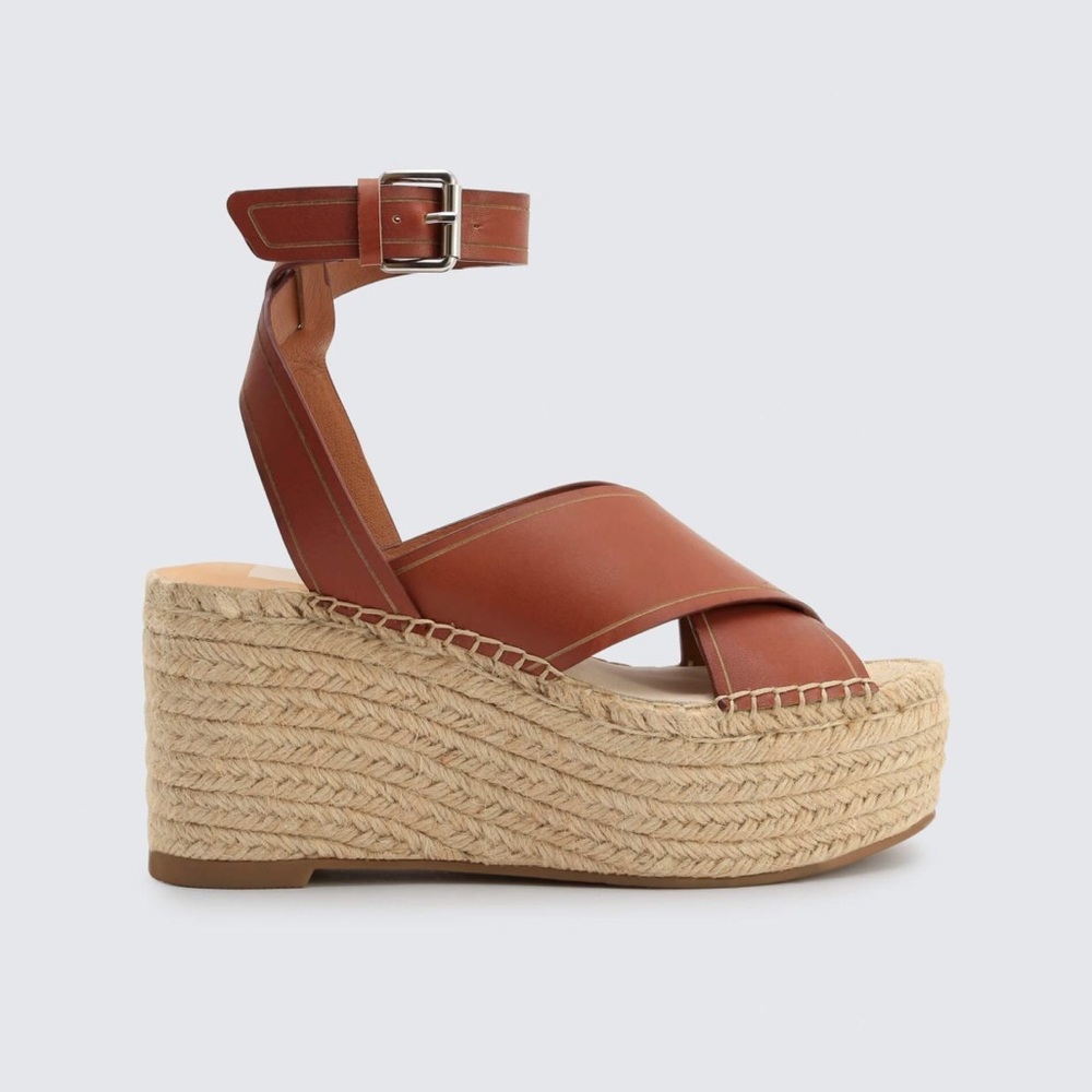 Dolce Vita Carsie Brown Leather Wedge Sandals Ankle Strap Heel 3.75” Pla…